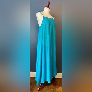 Vintage 1970’s Turquoise Spaghetti Strap Summer Maxi Sun Dress With Crochet Trim